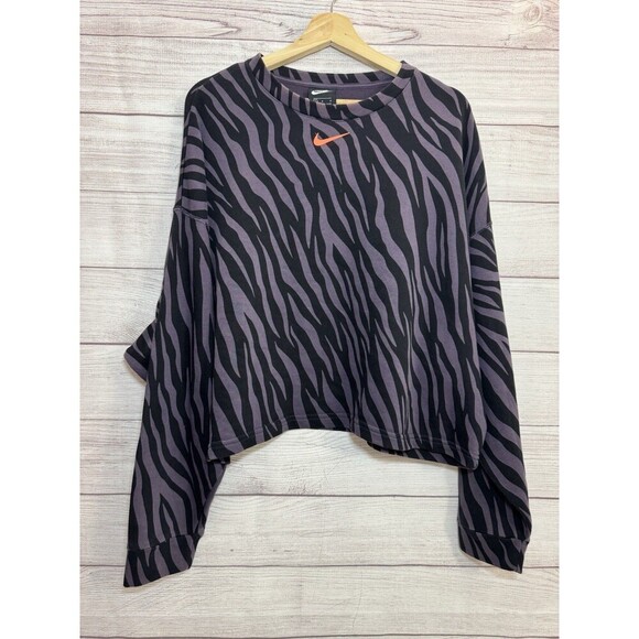 Nike Women's Sports Icon Clash Animal Print Crewneck Sweatshirt LARGE PURPLE-BLK - Picture 3 of 12